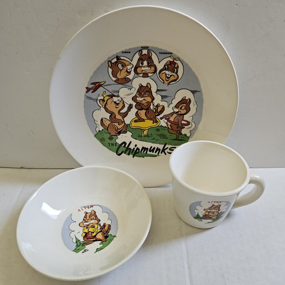 VNTG 1959 Alvin & the Chipmunks 3 pc Mug, Bowl, Plate Set USA Made Sabin China